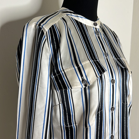 VERONICA BEARD Black/Blue/Ivory Striped Silk Poppy Blouse M - Picture 2 of 7
